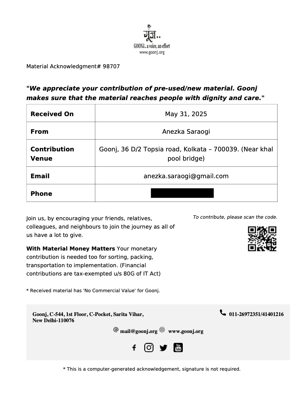Material acknowledgement receipt from Goonj