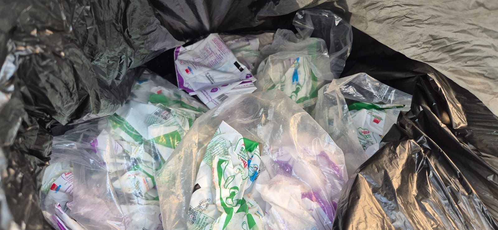 Collected pouches awaiting handover to recyclers